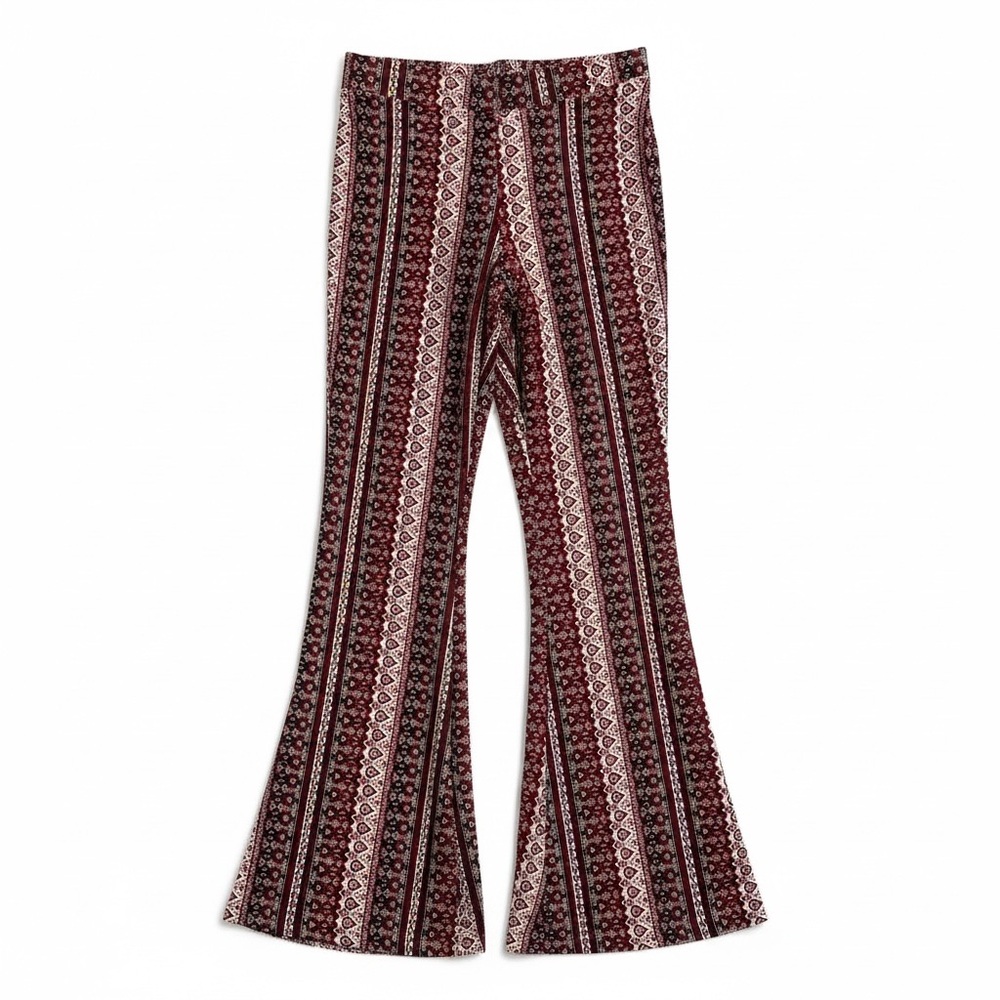 Shosho Women's Geometric Flared Pants Burgundy White Black Polyester Spandex